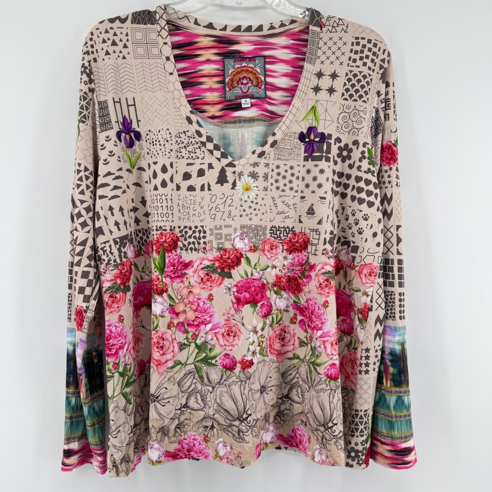 Johnny Was V-Neck Top Womens M Multi Color Mixed Media Floral Bamboo Spandex